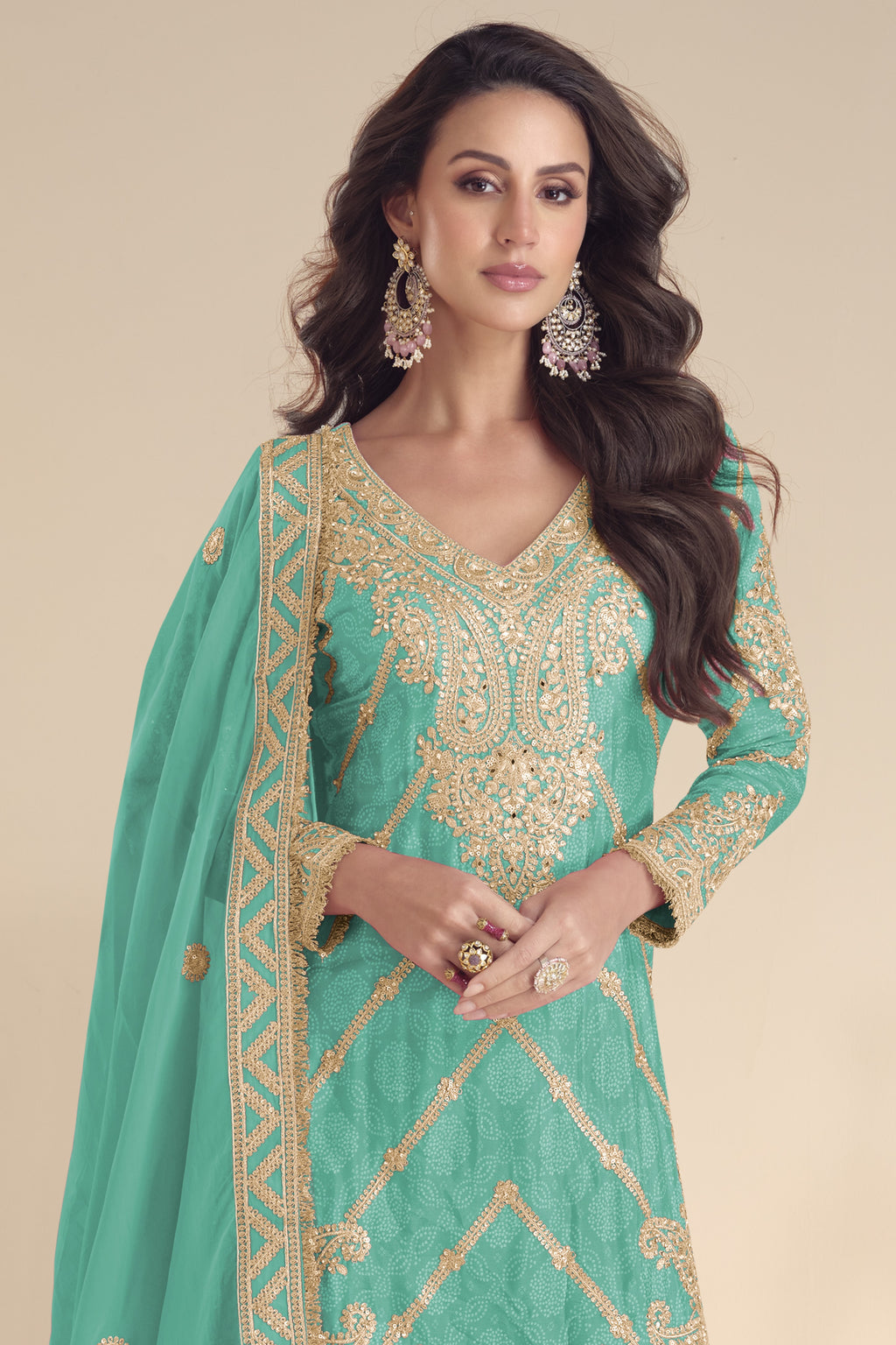 Teal Blue Chinon Silk Kameez With Palazzo Suit For Indian & Pakistani Wedding Festival - Print Work, Thread & Sequence Embroidery