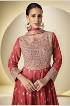 Red Chinon Silk Kameez With Pant For Indian & Pakistani Wedding Festival - Sequins & Thread Embroidery Work