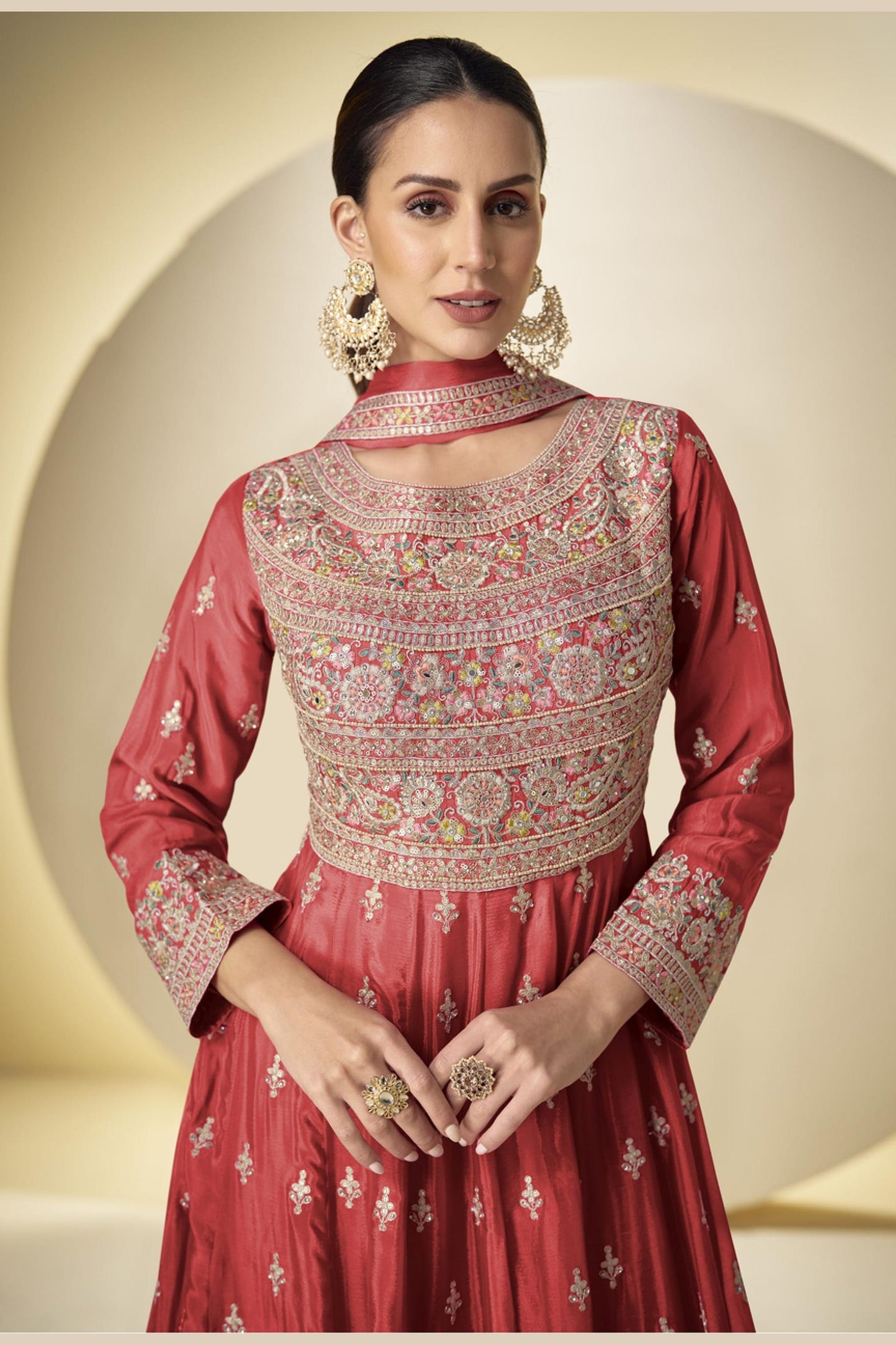 Red Chinon Silk Kameez With Pant For Indian & Pakistani Wedding Festival - Sequins & Thread Embroidery Work