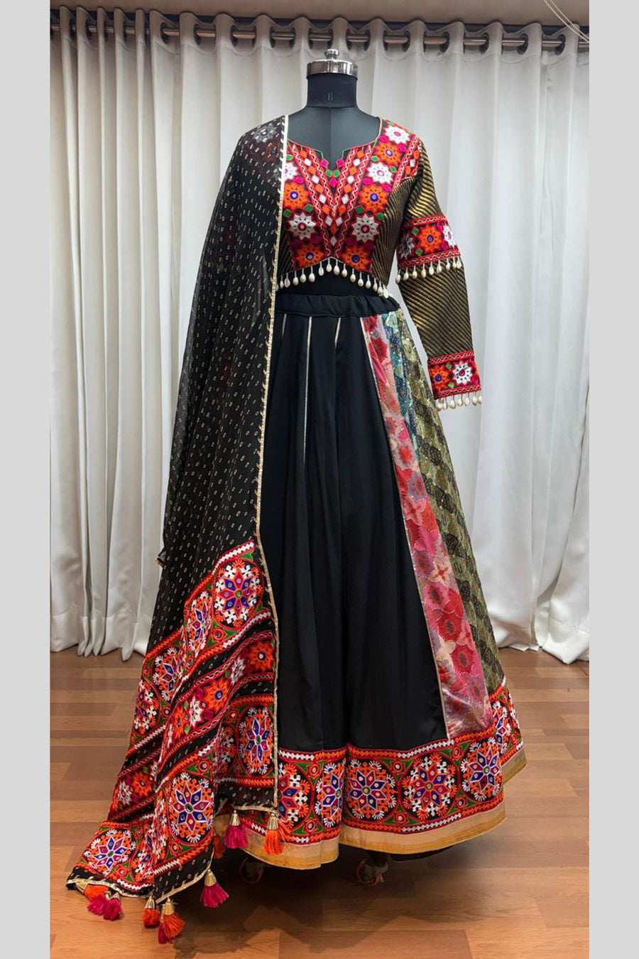 Black Viscose Rayon Chaniya Choli For Navratri Garba Indian Festivals 9 Meter Flair - Embroidery Work, Real Mirror Work, Print Work