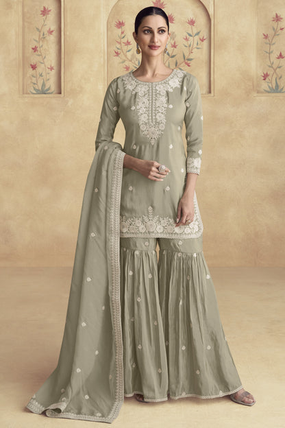 Grey Simar Silk Sharara Suit Dress For Indian Festivals & Pakistani Weddings - Thread Embroidery Work