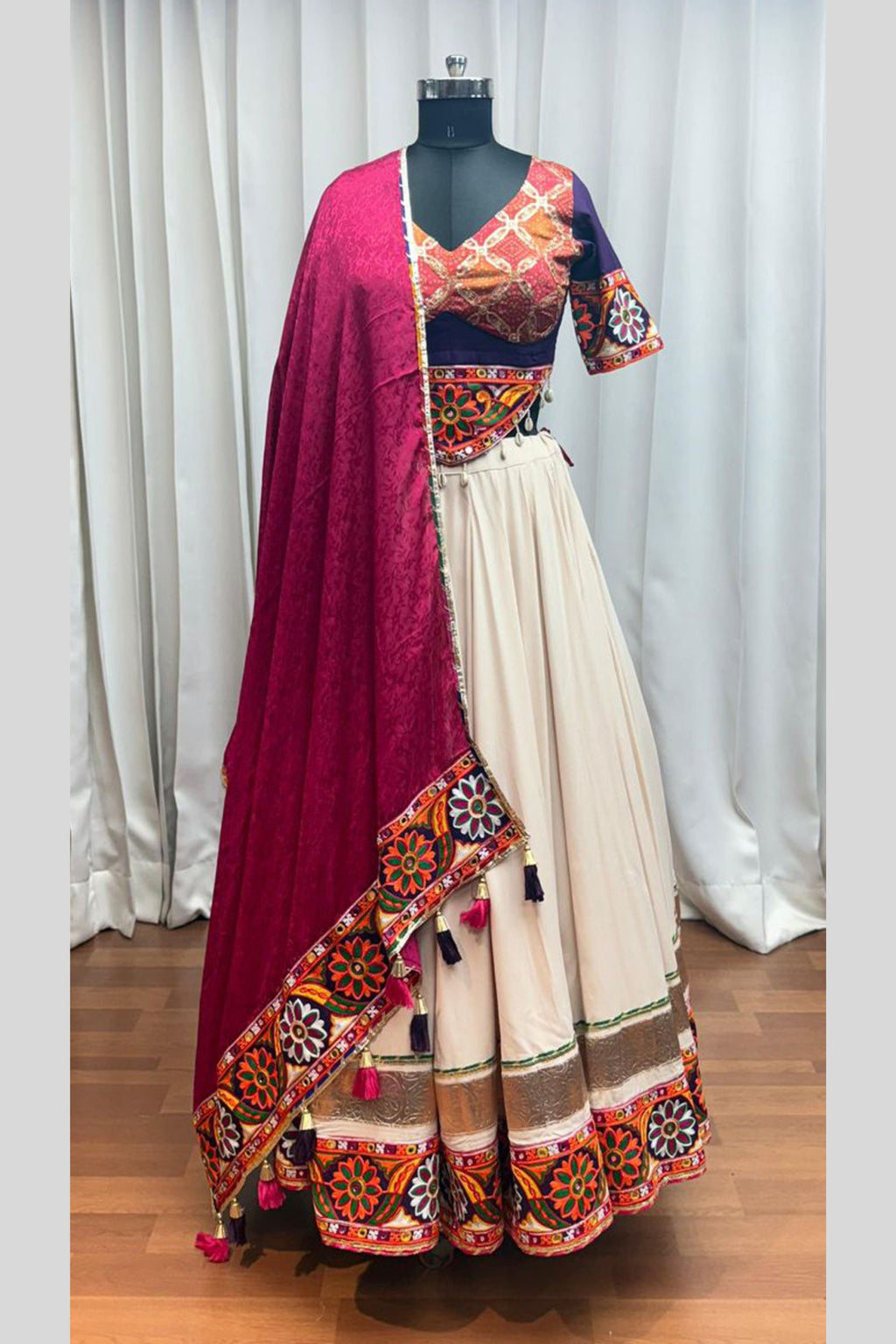 Beige Viscose Rayon Chaniya Choli For Navratri Garba Indian Festivals 9 Meter Flair - Embroidery Work, Real Mirror Work, Print Work