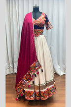 Beige Viscose Rayon Chaniya Choli For Navratri Garba Indian Festivals 9 Meter Flair - Embroidery Work, Real Mirror Work, Print Work