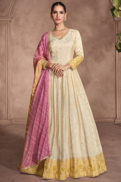 Cream Simar Jacquard Silk Full Floor Length Anarkali Gown With Bandhani Dupatta For Indian Festivals & Weddings - Embroidery Work