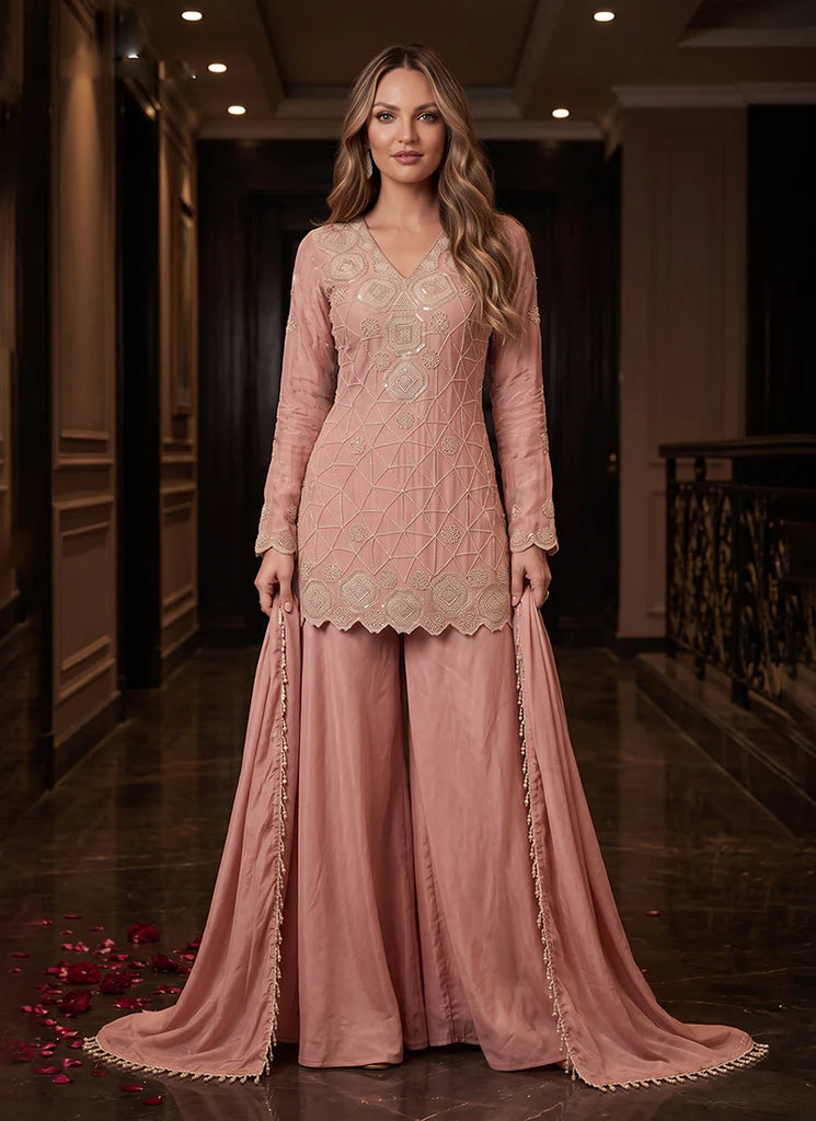 Dusty Rose Embroidered Pakistani Pant Suit HATKEBRIDE