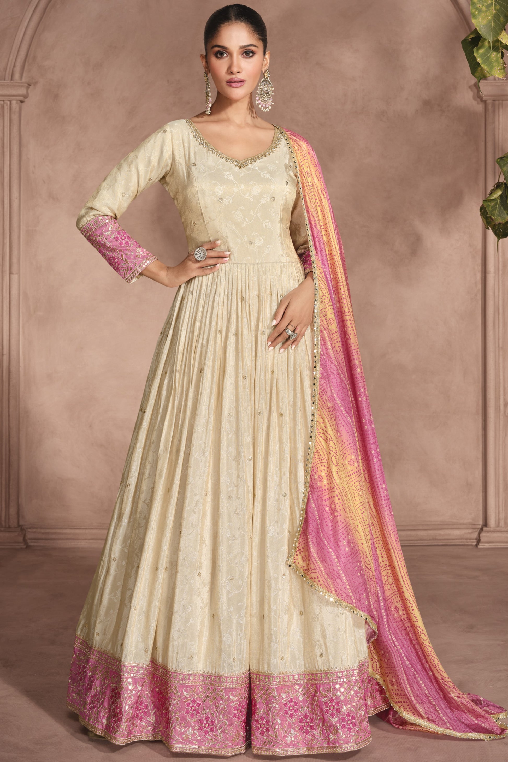 Cream Simar Jacquard Silk Full Floor Length Anarkali Gown With Bandhani Dupatta For Indian Festival & Weddings - Embroidery Work