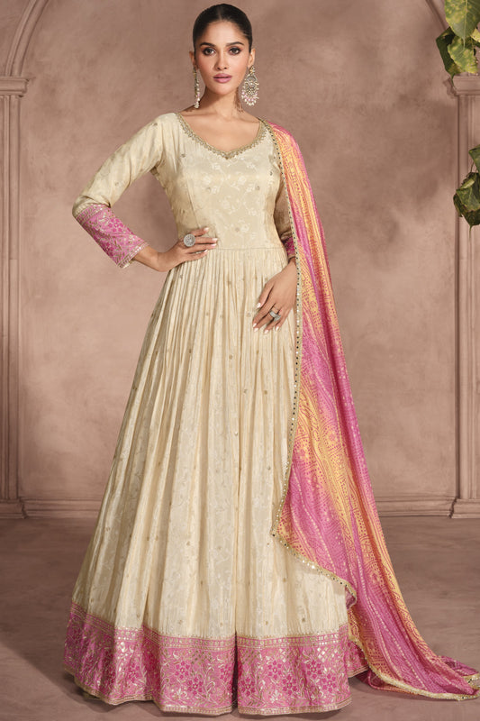 Cream Simar Jacquard Silk Full Floor Length Anarkali Gown With Bandhani Dupatta For Indian Festival & Weddings -  Embroidery Work