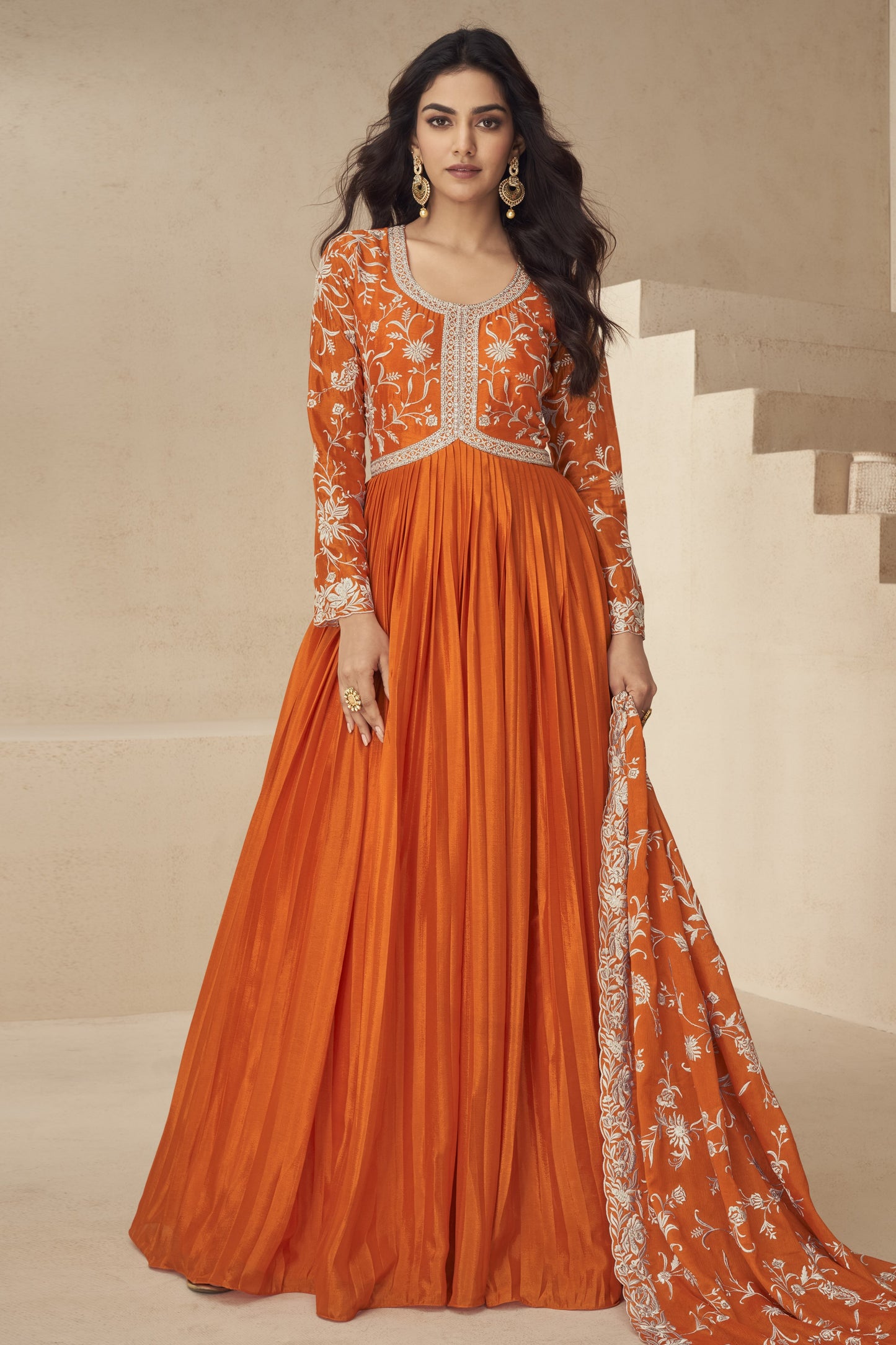 Orange Chinon Silk Floor Full Length Anarkali Gown For Indian Festival & Wedding - Embroidery Work