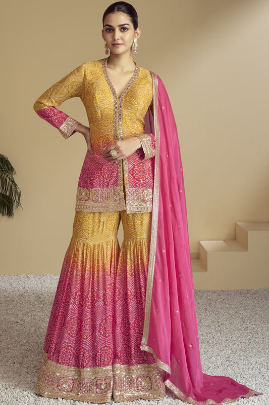 Yellow Pink Dual Color Chinon Silk Bandhani Style Pattern Sharara Suit For Indian Festivals & Weddings - Embroidery Work, Mirror Work, Print Work