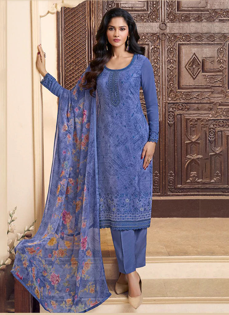 Blue Embroidered Pakistani Pant Suit HATKEBRIDE