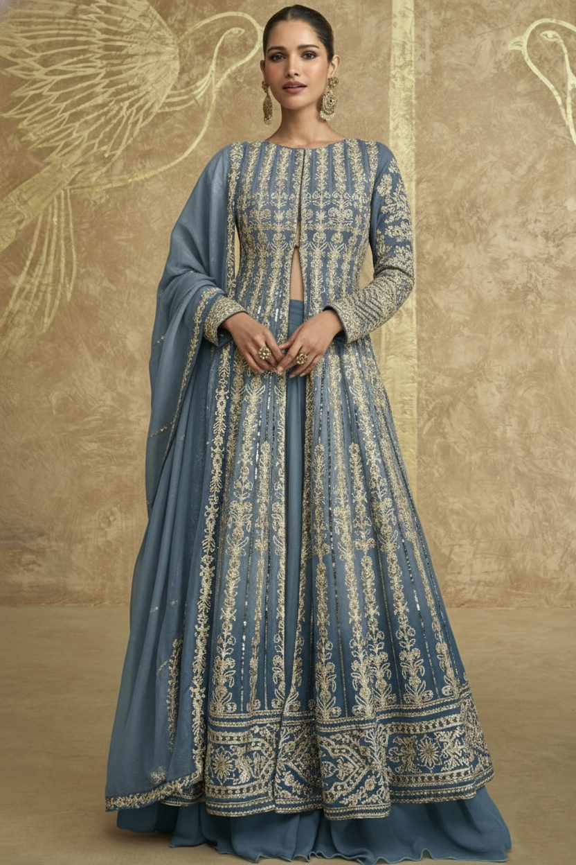 Grayish Blue Georgette Anarkali Suit - Sequence Embroidery Work, Dori Work RTS