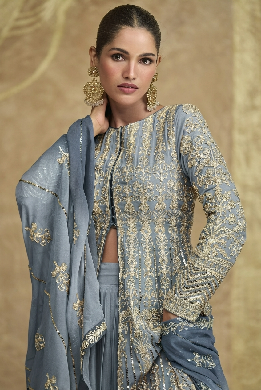 Grayish Blue Georgette Anarkali Suit - Sequence Embroidery Work, Dori Work RTS