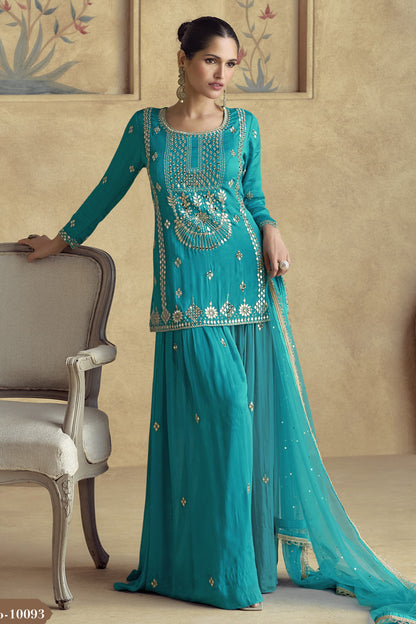 Sky Blue Chinon Silk Palazzo Suit For Wedding & Festival - Embroidery Work