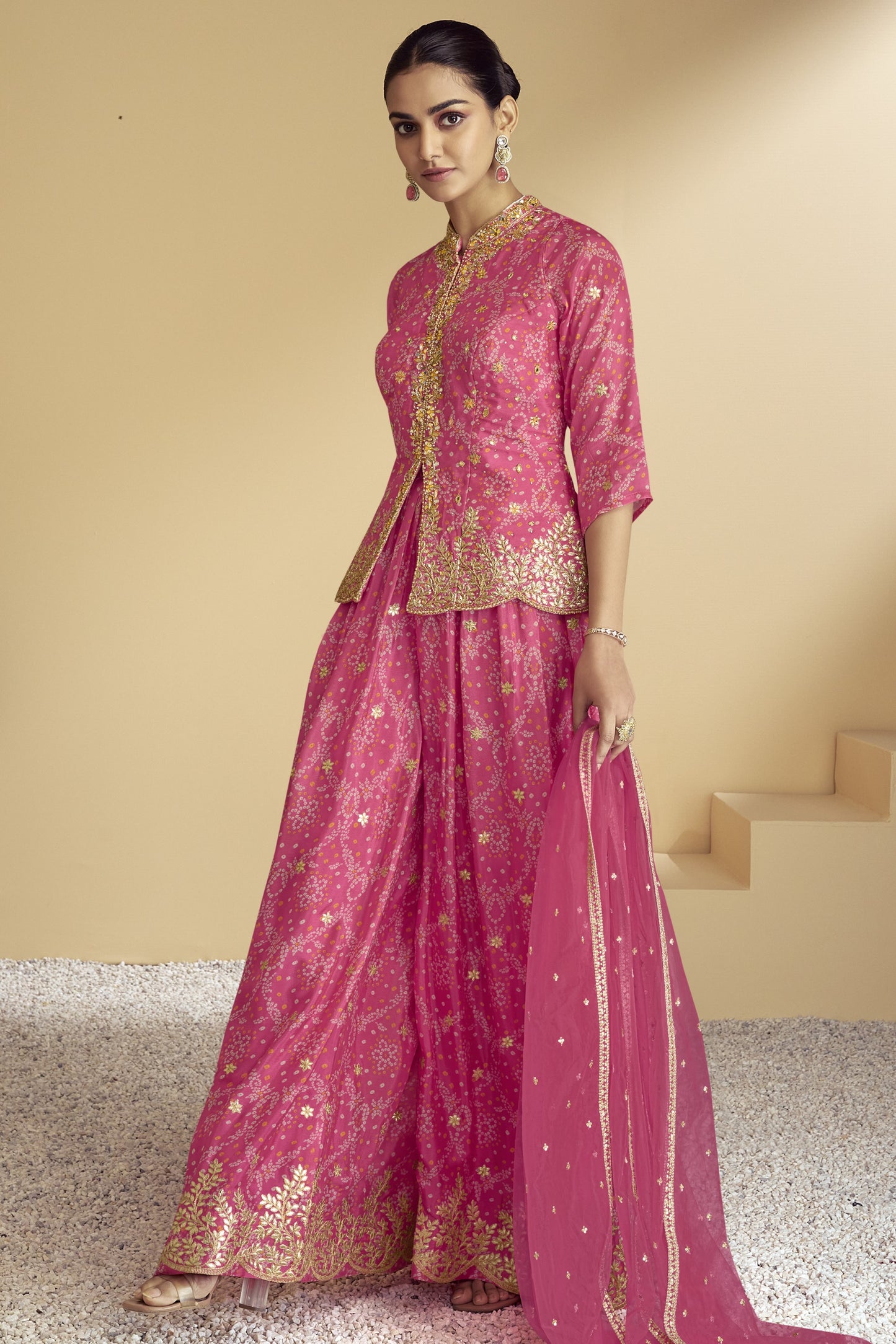 Pink Chinon Silk Bandhani Style Pattern Palazzo Suit For Indian Festivals & Weddings - Embroidery Work, Mirror Work, Print Work