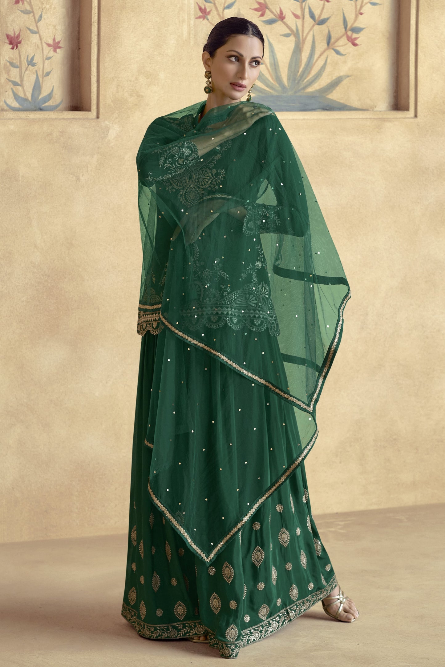 Green Chinon Silk Palazzo Suit For Wedding & Festival - Embroidery Work