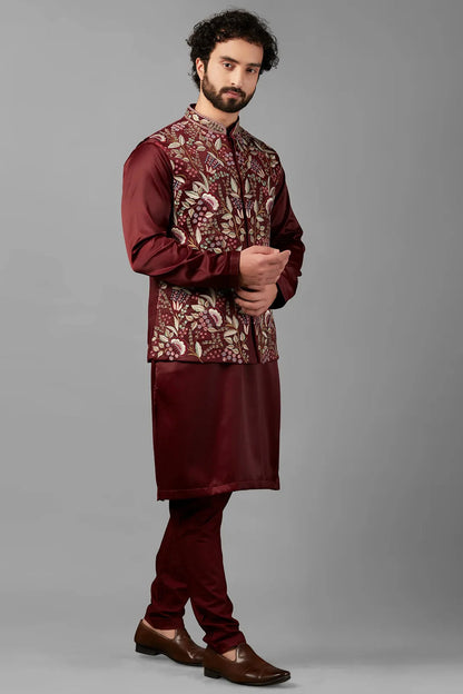 Maroon Shiny Polyester Silk Men's Wedding Suit Waistcoat, Kurta with Pant - Embroidery Work