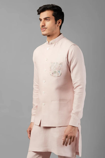 Light Pink Linen Men's Wedding Suit Waistcoat, Kurta with Pant - Embroidery Work