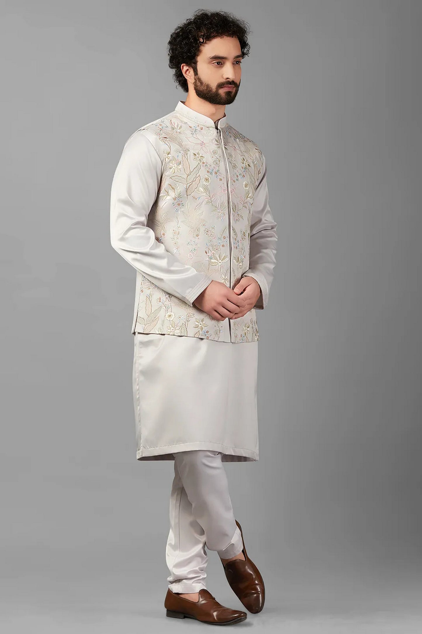 Light Grey Silk Men's Wedding Suit Waistcoat with Kurta & Pant - Embroidery Work