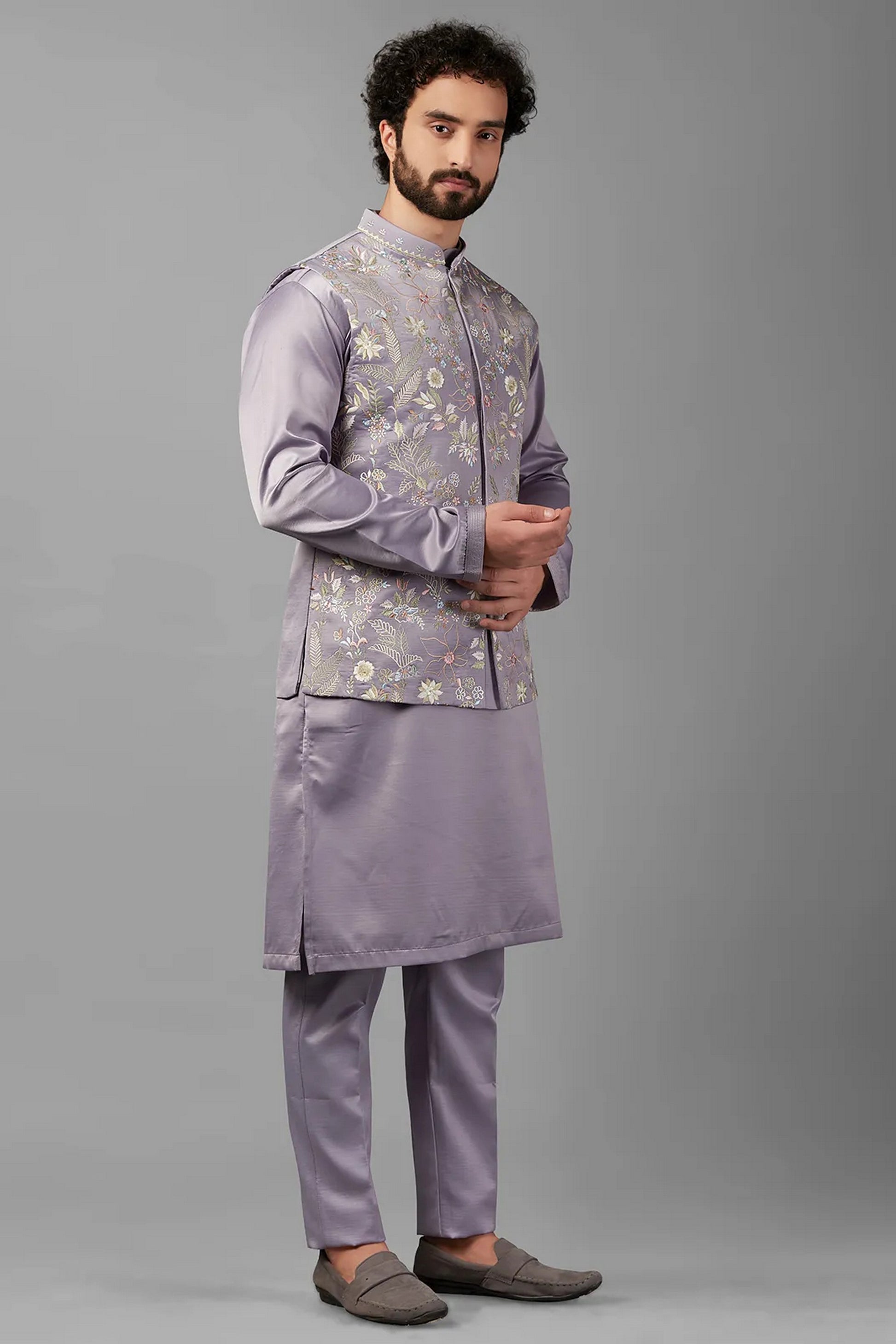 Purple Grey Silk Men's Wedding Suit Waistcoat with Kurta & Pant - Embroidery Work