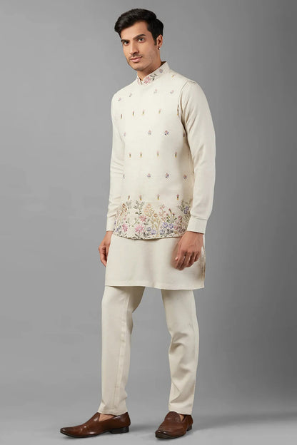 Off White Linen Men's Wedding Suit Kurta with Waistcoat and Pant - Embroidery Work