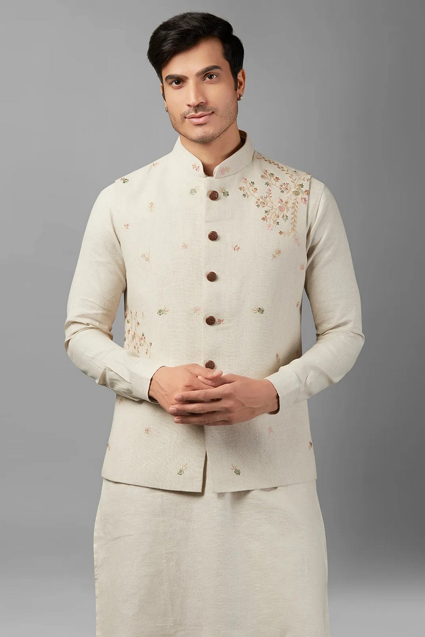Cream Linen Men's Wedding Suit Kurta with Waistcoat & Pant - Embroidery Work