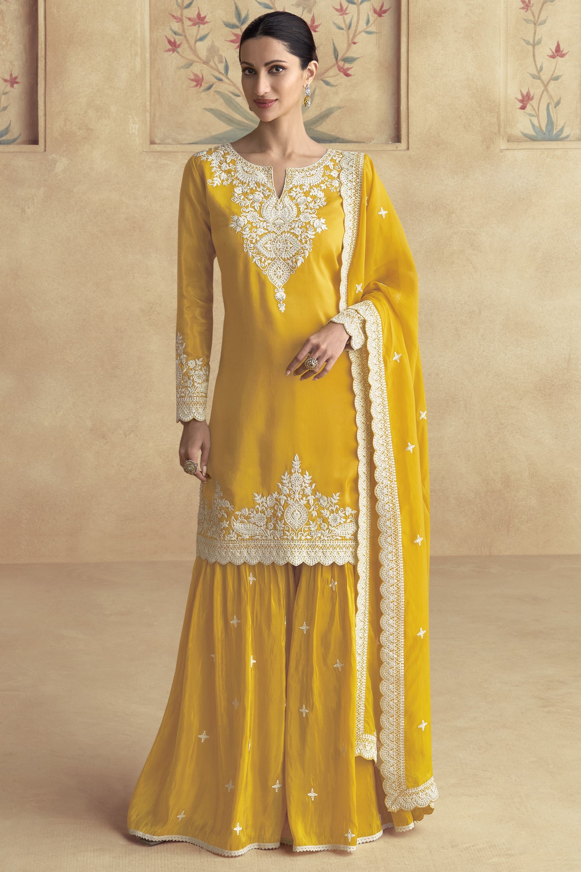 Yellow Simar Silk Sharara Suit Dress For Indian Festivals & Pakistani Weddings - Thread Embroidery Work