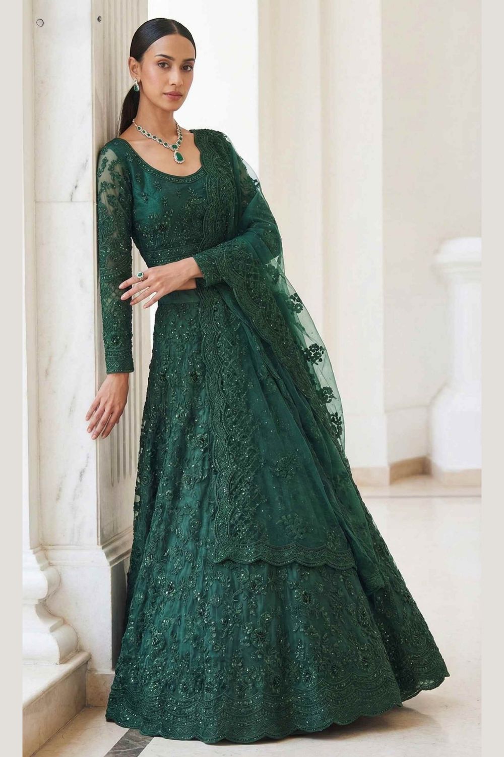 Dark Green Mehndi Outfits - Net Lehenga Choli with Thread Embroidery