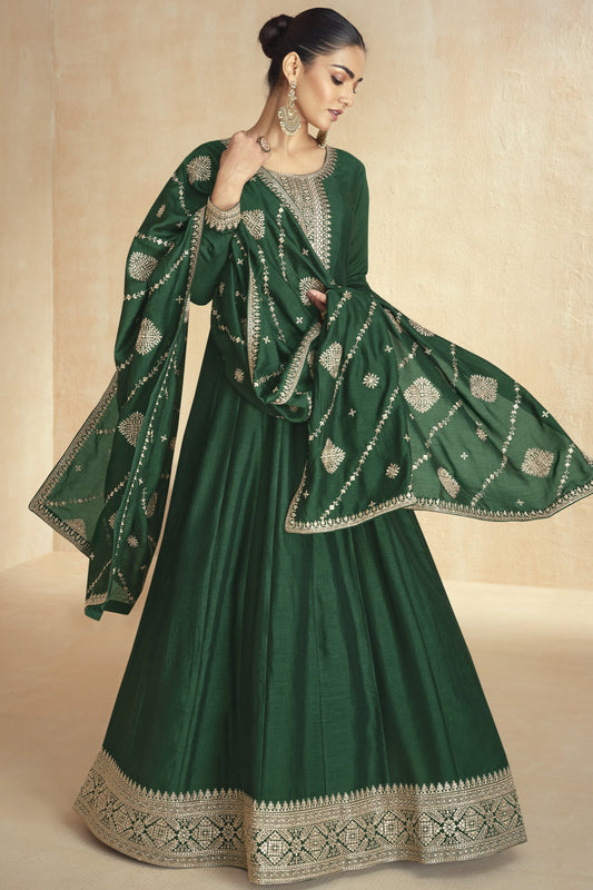 Green Chinon Silk Floor Full Length Anarkali Gown For Indian Festivals & Weddings - Embroidery Work