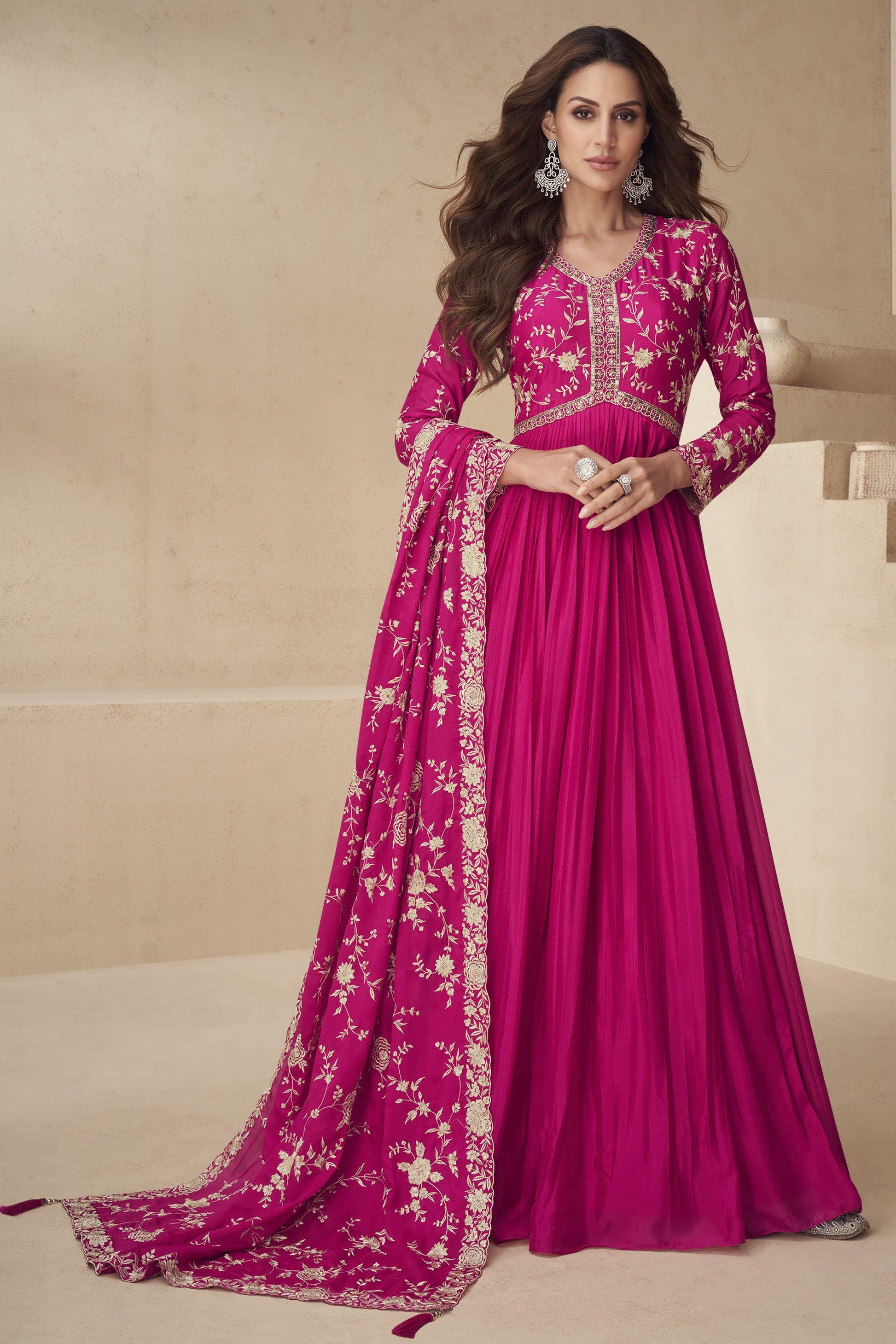 Pink Chinon Silk Floor Full Length Anarkali Gown For Indian Festival & Wedding - Embroidery Work