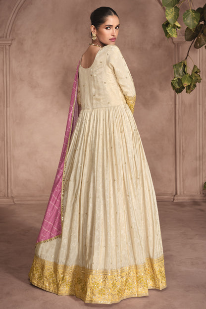 Cream Simar Jacquard Silk Full Floor Length Anarkali Gown With Bandhani Dupatta For Indian Festivals & Weddings - Embroidery Work