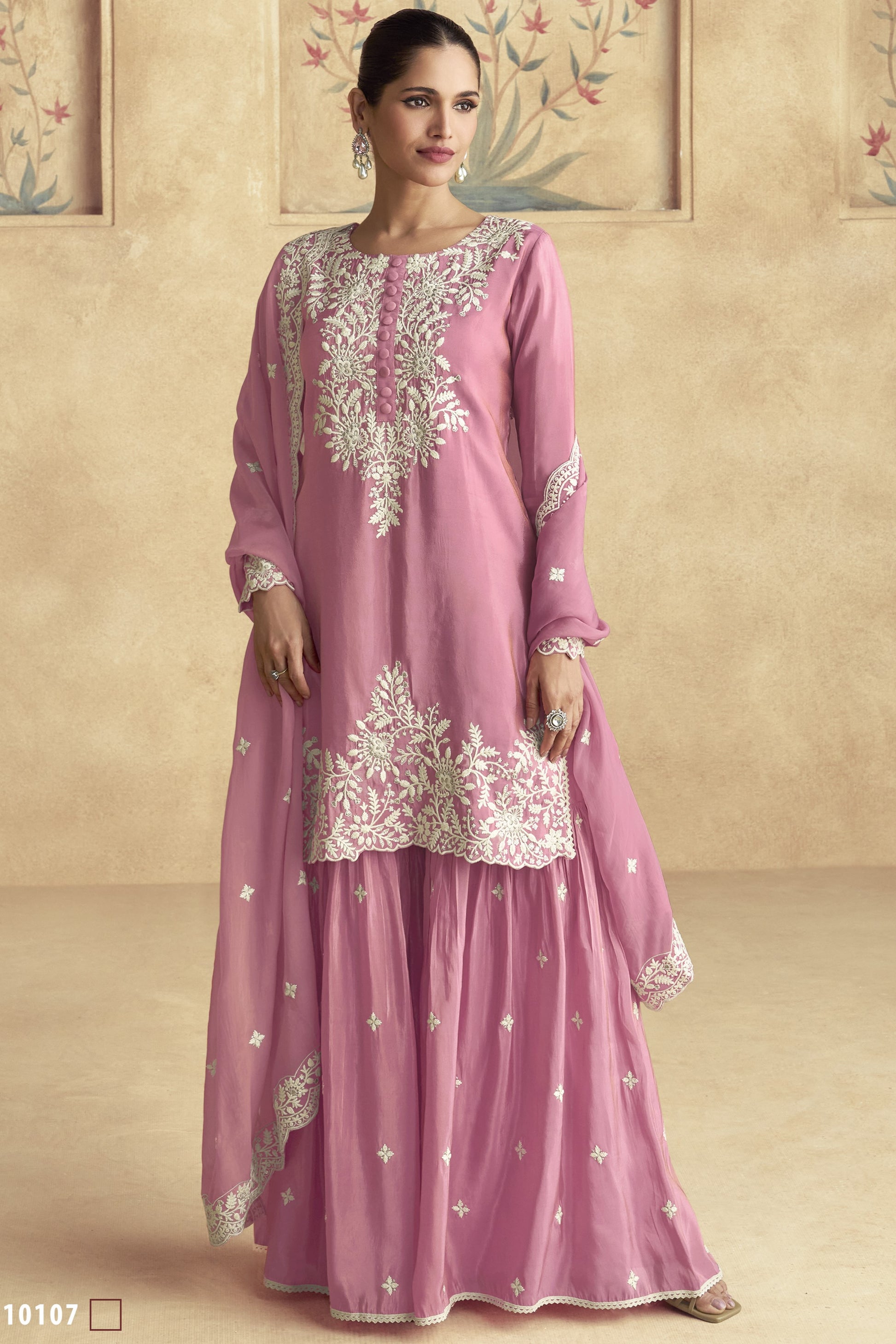 Pink Simar Silk Sharara Suit Dress For Indian Festivals & Pakistani Weddings - Thread Embroidery Work