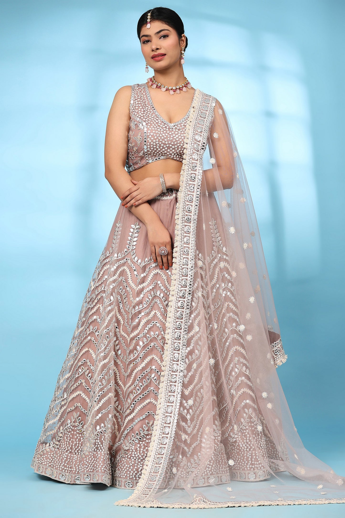 Light Peach Net Lehenga Choli For Indian Festivals & Wedding - Gota Work, Thread Embroidery Work