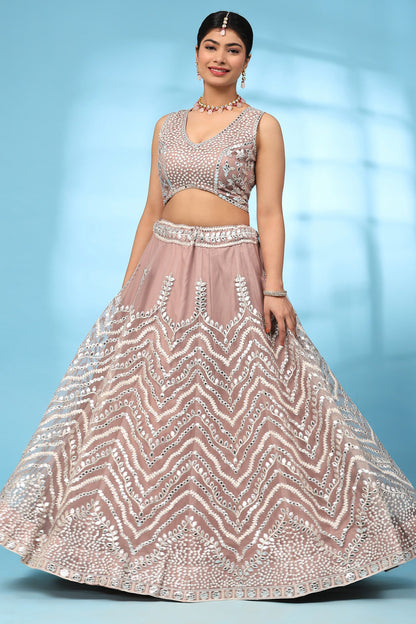 Light Peach Net Lehenga Choli For Indian Festivals & Wedding - Gota Work, Thread Embroidery Work