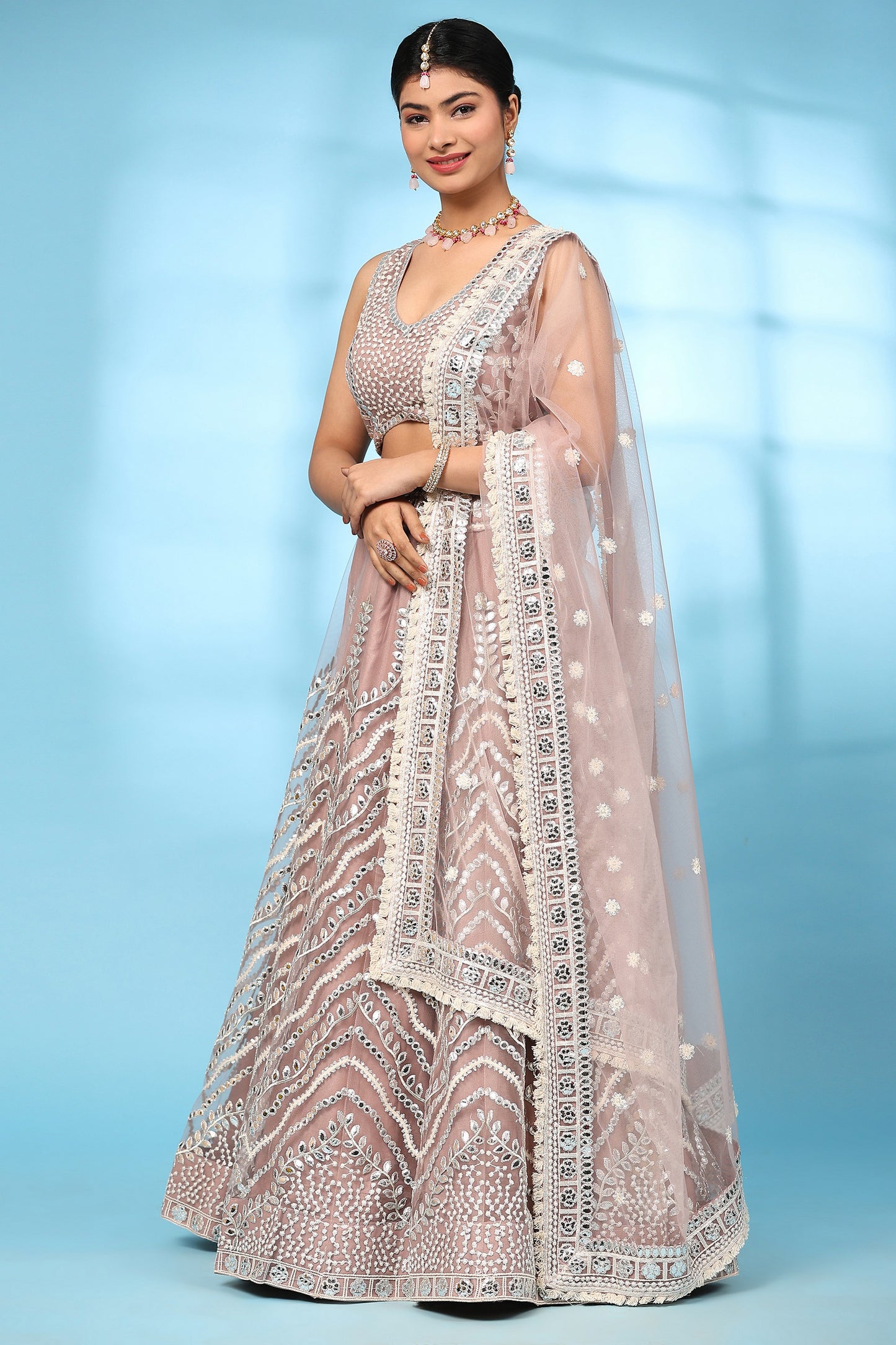 Light Peach Net Lehenga Choli For Indian Festivals & Wedding - Gota Work, Thread Embroidery Work