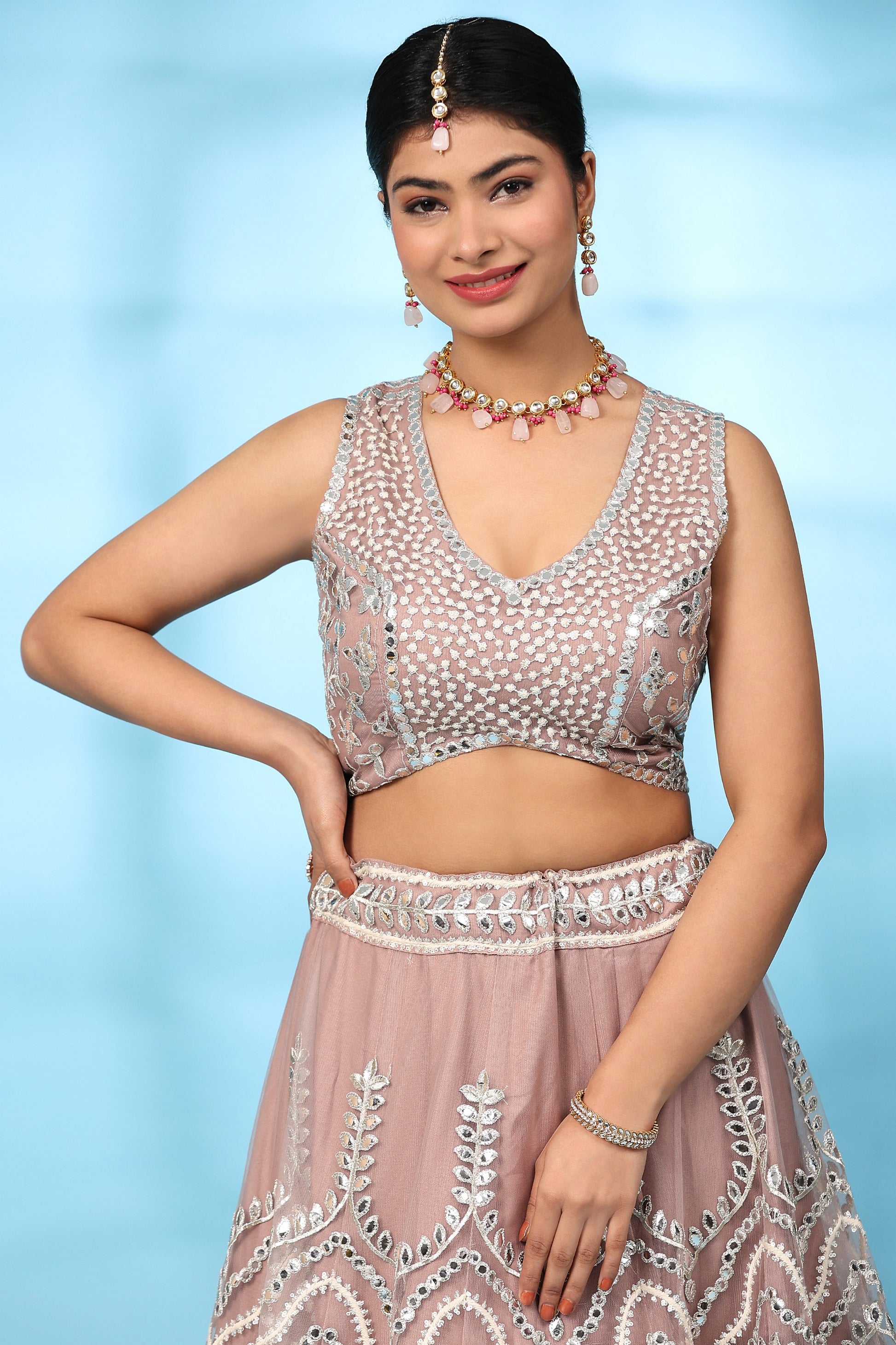 Light Peach Net Lehenga Choli For Indian Festivals & Wedding - Gota Work, Thread Embroidery Work