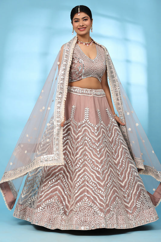 Light Peach Net Lehenga Choli For Indian Festivals & Wedding - Gota Work, Thread Embroidery Work