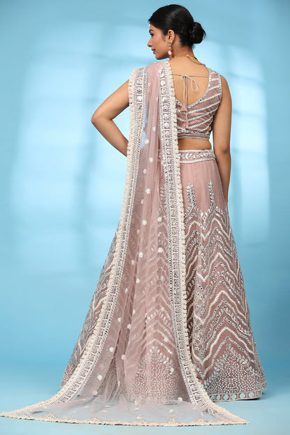 Light Peach Net Lehenga Choli For Indian Festivals & Wedding - Gota Work, Thread Embroidery Work