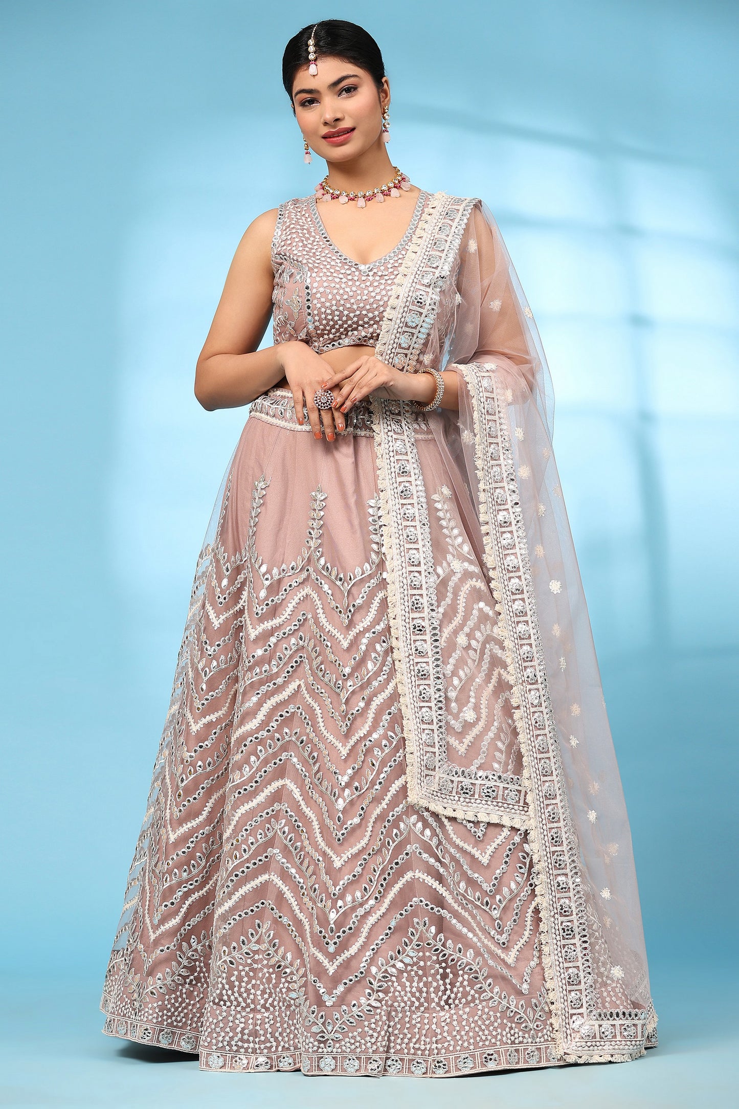 Light Peach Net Lehenga Choli For Indian Festivals & Wedding - Gota Work, Thread Embroidery Work