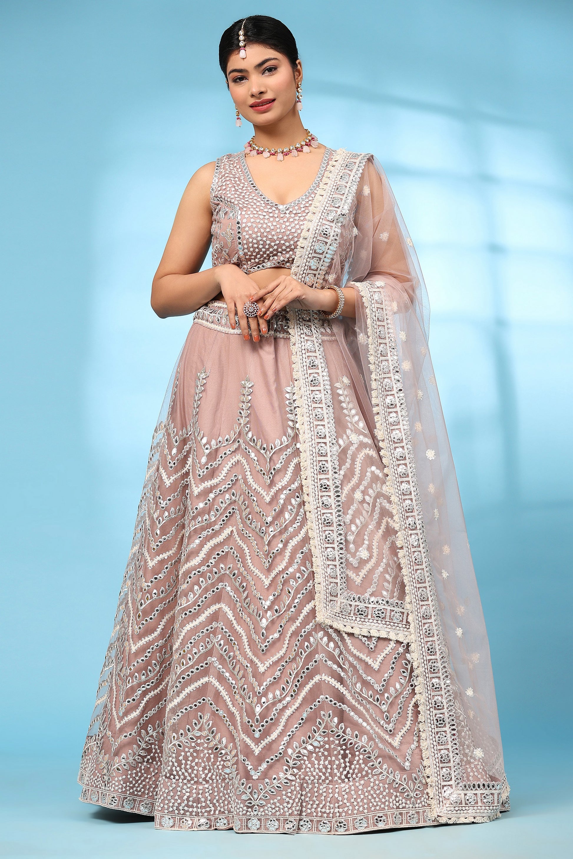 Light Peach Net Lehenga Choli For Indian Festivals & Wedding - Gota Work, Thread Embroidery Work