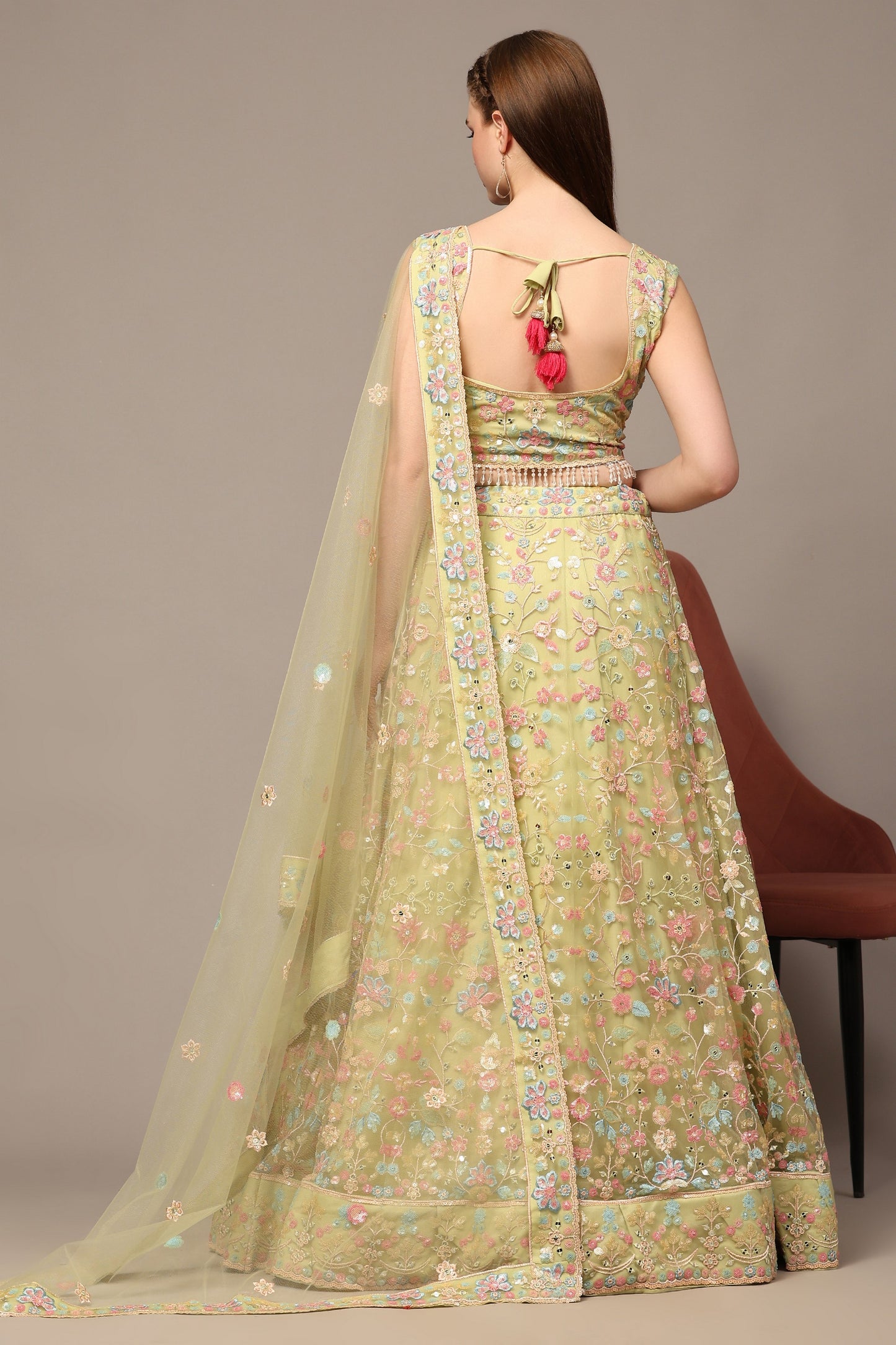 Yellow Net Flower Embroidery Lehenga Choli For Indian Festivals & Wedding - Sequence Embroidery Work, Thread Embroidery Work