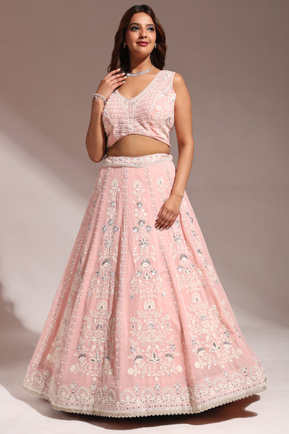 Pink Georgette Lehenga Choli For Indian Festivals & Wedding - Thread Embroidery Work, Sequence Embroidery Work