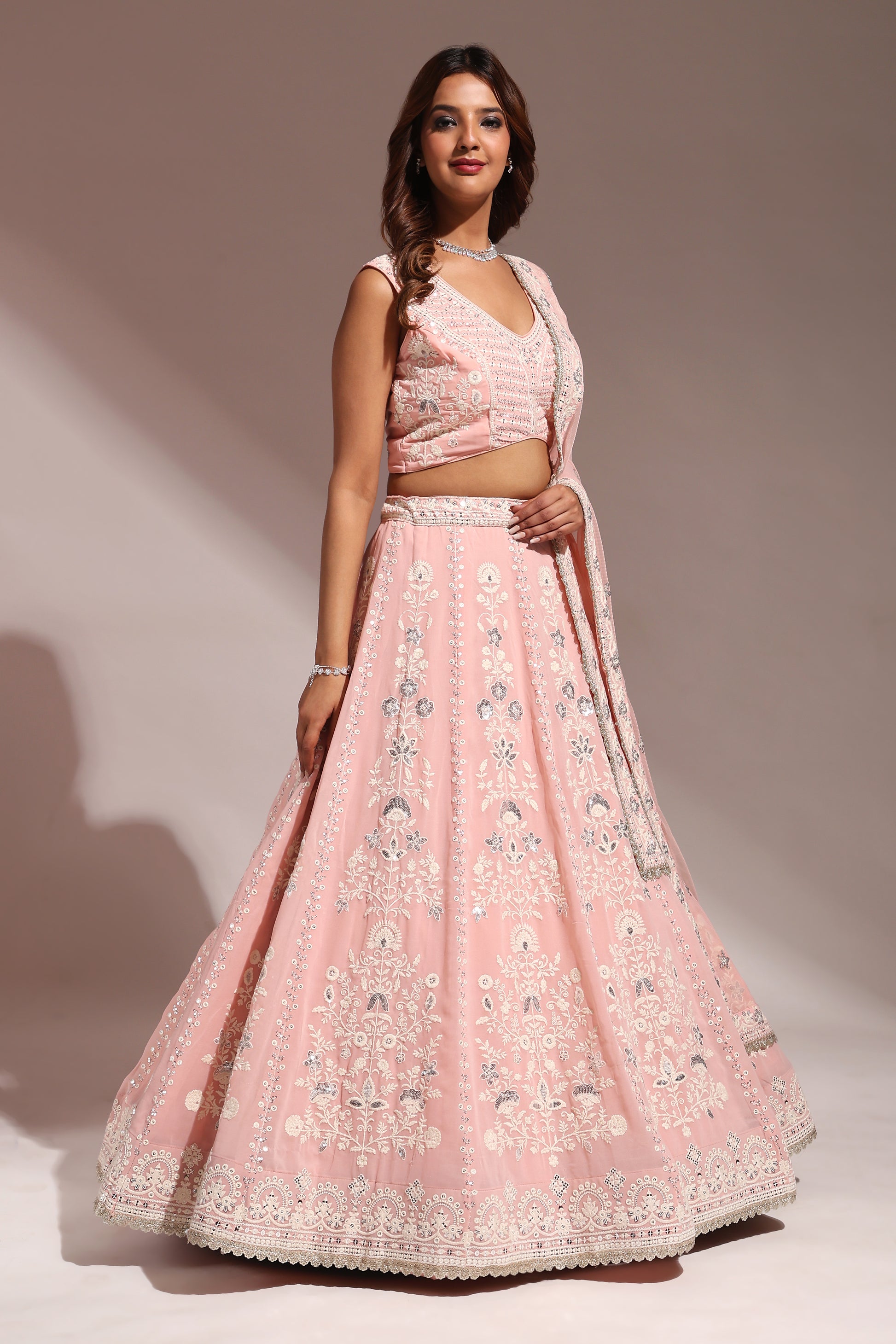 Pink Georgette Lehenga Choli For Indian Festivals & Wedding - Thread Embroidery Work, Sequence Embroidery Work