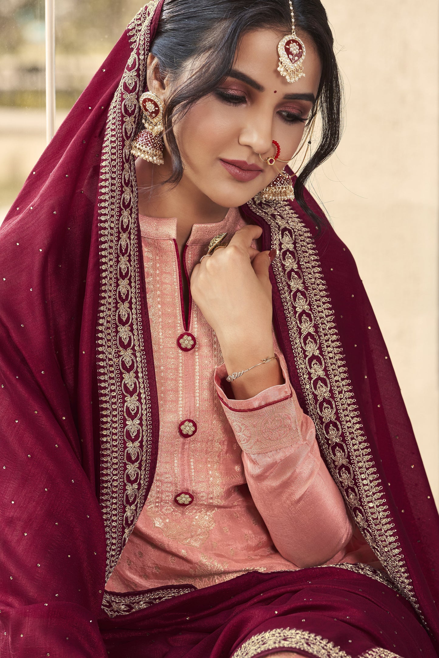 Peach Jacquard Silk Kameez With Pant For Indian Suit Festivals & Pakistani Weddings Dress - Embroidery Work