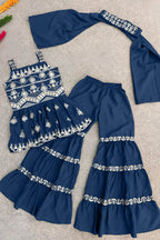 Blue Crepe Silk Kids Wear Girls Kameez with Sharara & Dupatta Dress Suit for Kids for Wedding - Embroidery Work