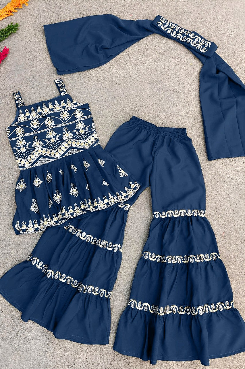Blue Crepe Silk Kids Wear Girls Kameez with Sharara & Dupatta Dress Suit for Kids for Wedding - Embroidery Work