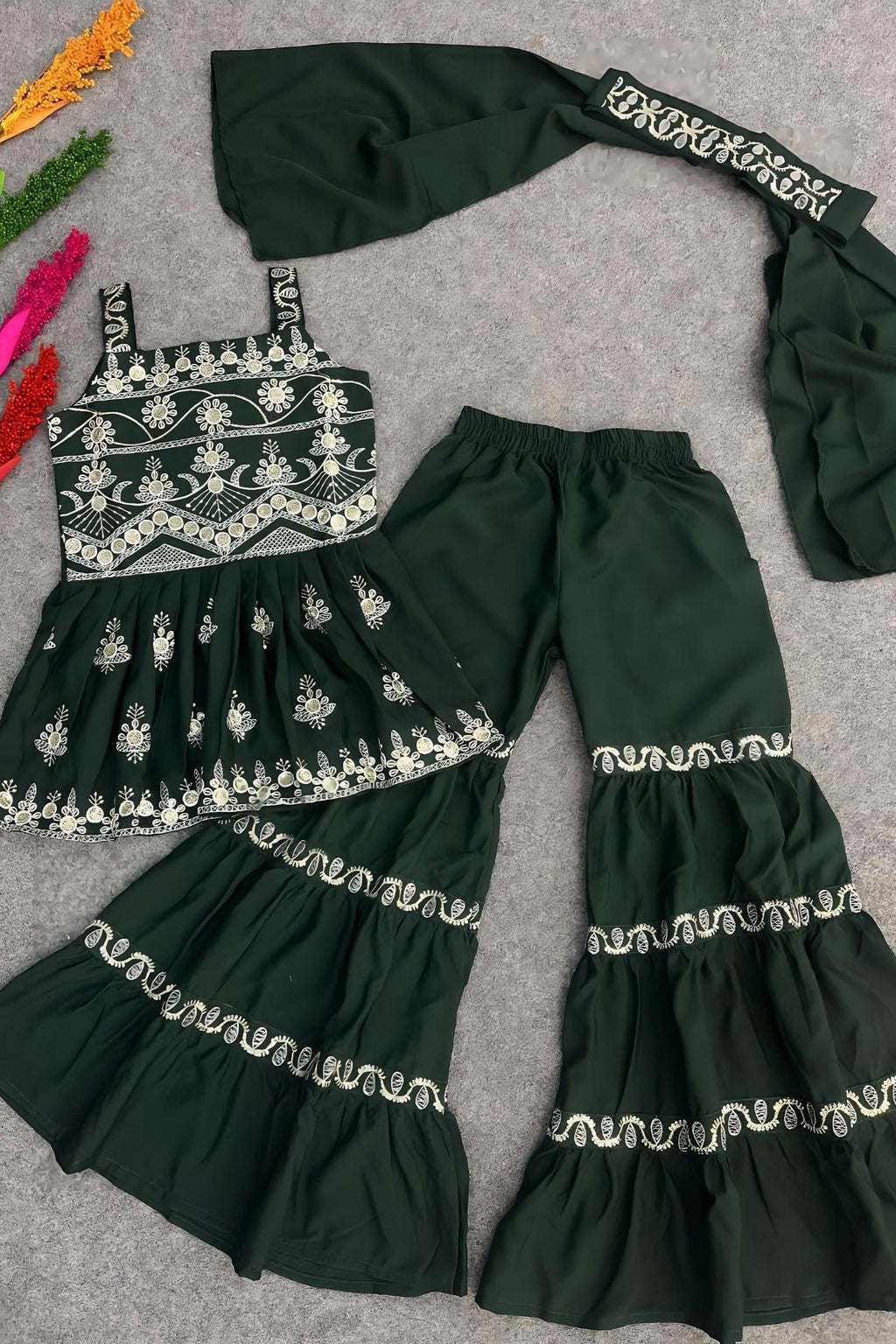 Green Crepe Silk Kids Wear Girls Kameez with Sharara & Dupatta Dress Suit for Kids for Wedding - Embroidery Work
