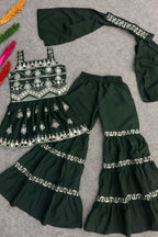 Green Crepe Silk Kids Wear Girls Kameez with Sharara & Dupatta Dress Suit for Kids for Wedding - Embroidery Work