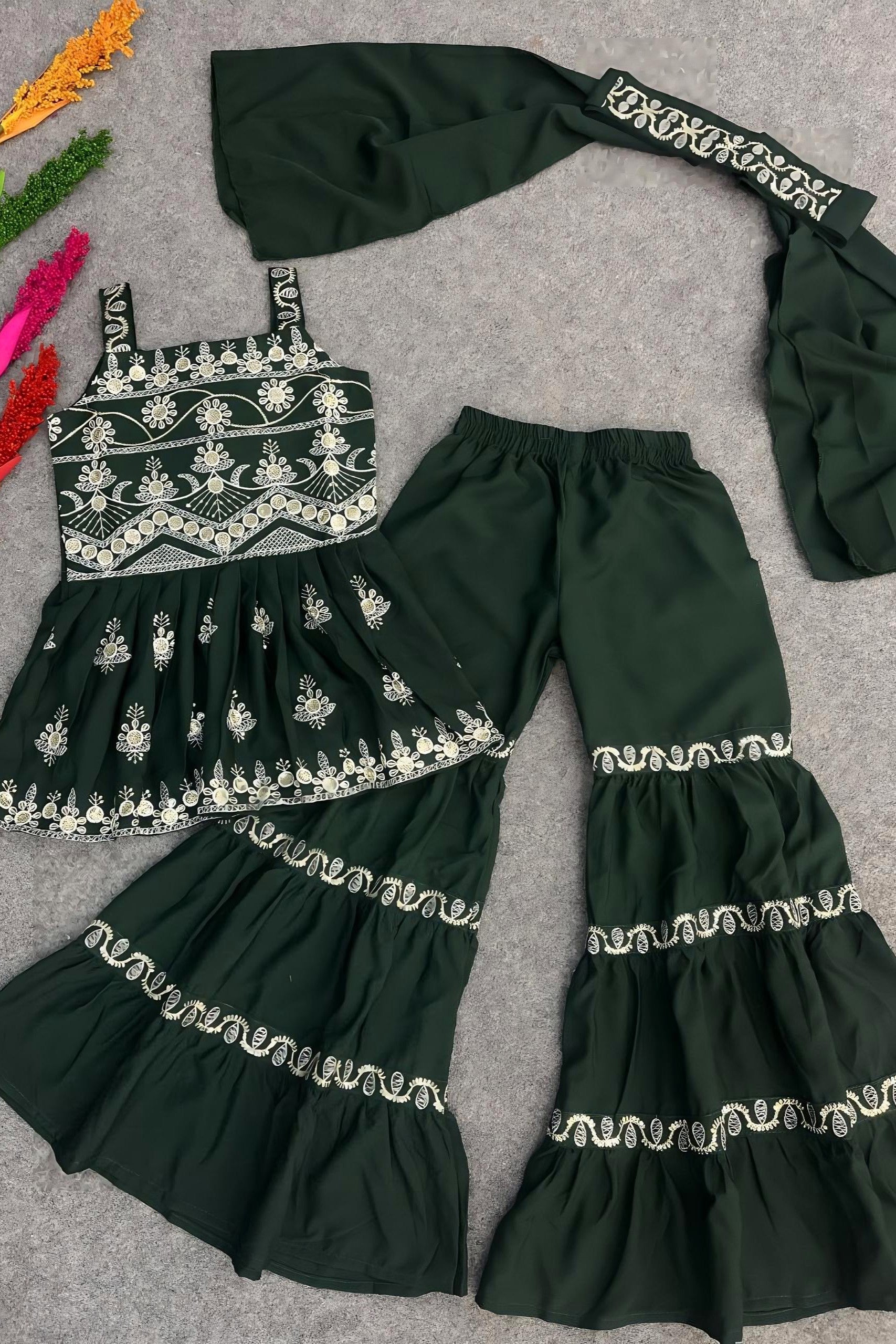 Green Crepe Silk Kids Wear Girls Kameez with Sharara & Dupatta Dress Suit for Kids for Wedding - Embroidery Work