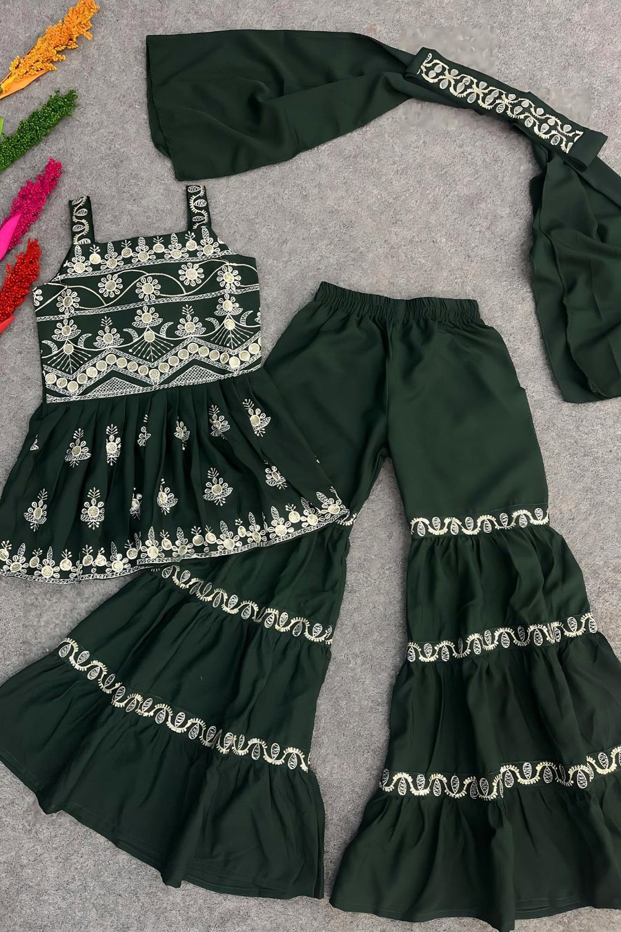 Green Crepe Silk Kids Wear Girls Kameez with Sharara & Dupatta Dress Suit for Kids for Wedding - Embroidery Work