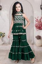 Green Crepe Silk Kids Wear Girls Kameez with Sharara & Dupatta Dress Suit for Kids for Wedding - Embroidery Work